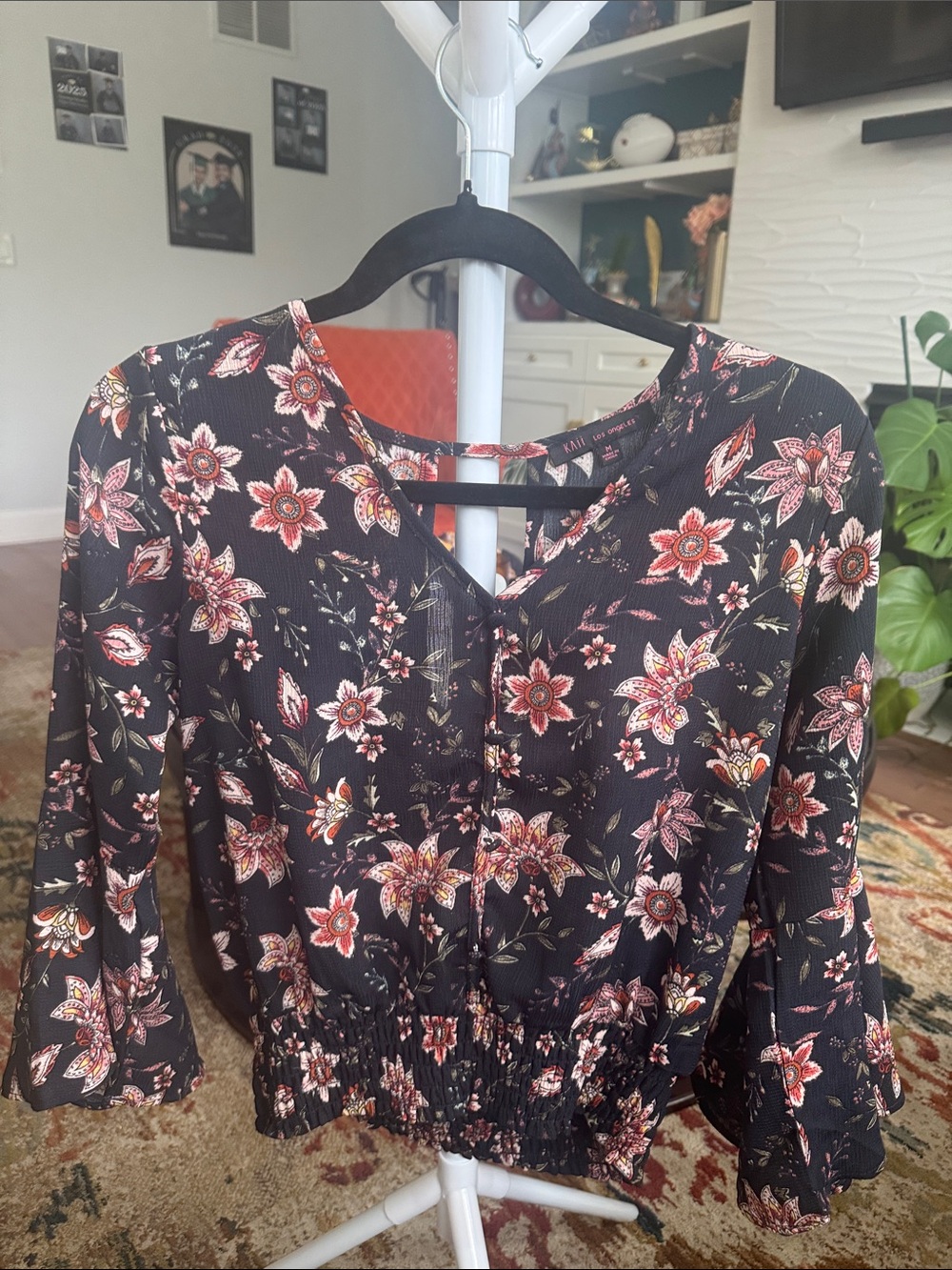 Kaii Black Floral Tie-Front Peasant Blouse with Rust and Cream Flowers